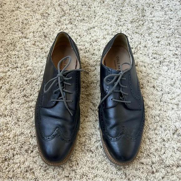 Men's Cole Haan Grand Wingtip Black Leather Oxford Size 10 - Picture 2 of 12
